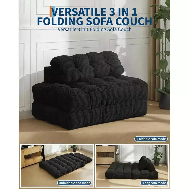 Canapé-lit pliable 3-en-1 avec oreiller, fauteuil de couchage convertible en velours côtelé pour salon, chambre, dortoir ou appartement