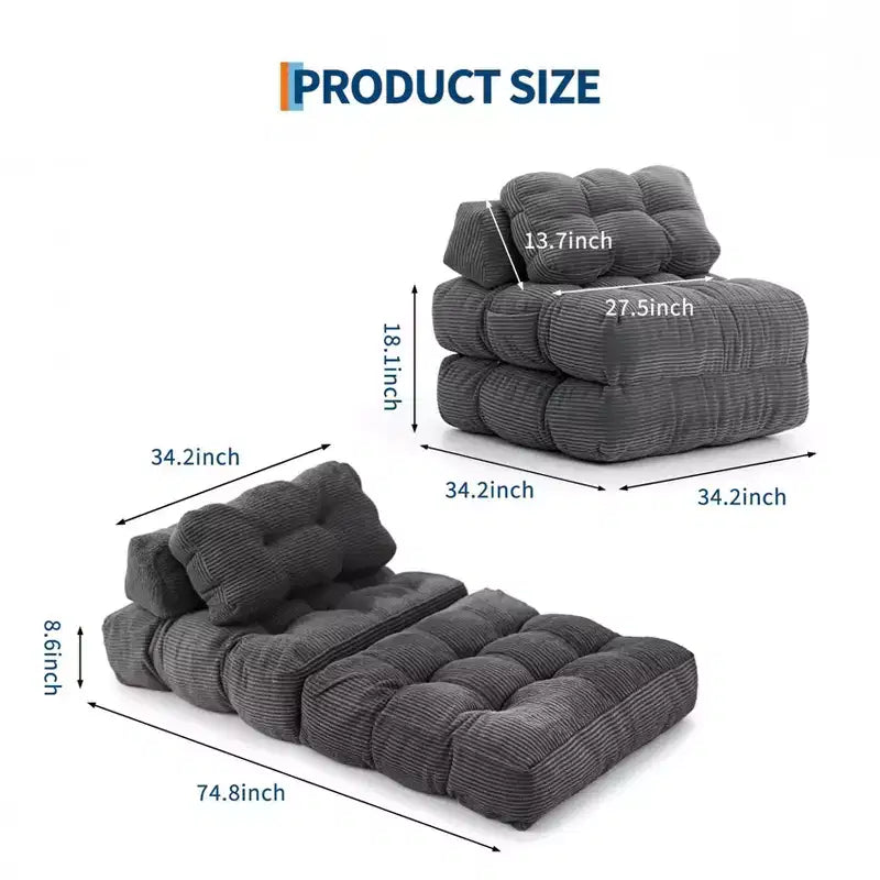 Canapé-lit pliable 3-en-1 avec oreiller, fauteuil de couchage convertible en velours côtelé pour salon, chambre, dortoir ou appartement