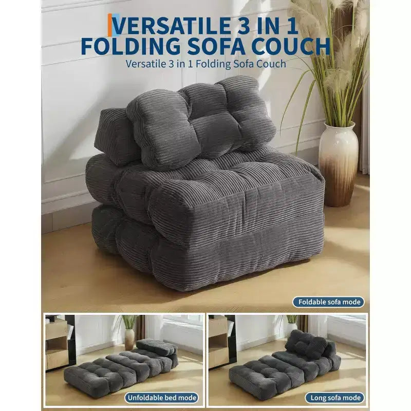 Canapé-lit pliable 3-en-1 avec oreiller, fauteuil de couchage convertible en velours côtelé pour salon, chambre, dortoir ou appartement
