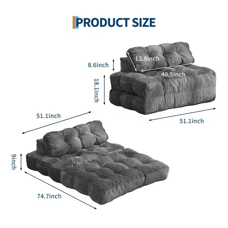 Canapé-lit pliable 3-en-1 avec oreiller, fauteuil de couchage convertible en velours côtelé pour salon, chambre, dortoir ou appartement