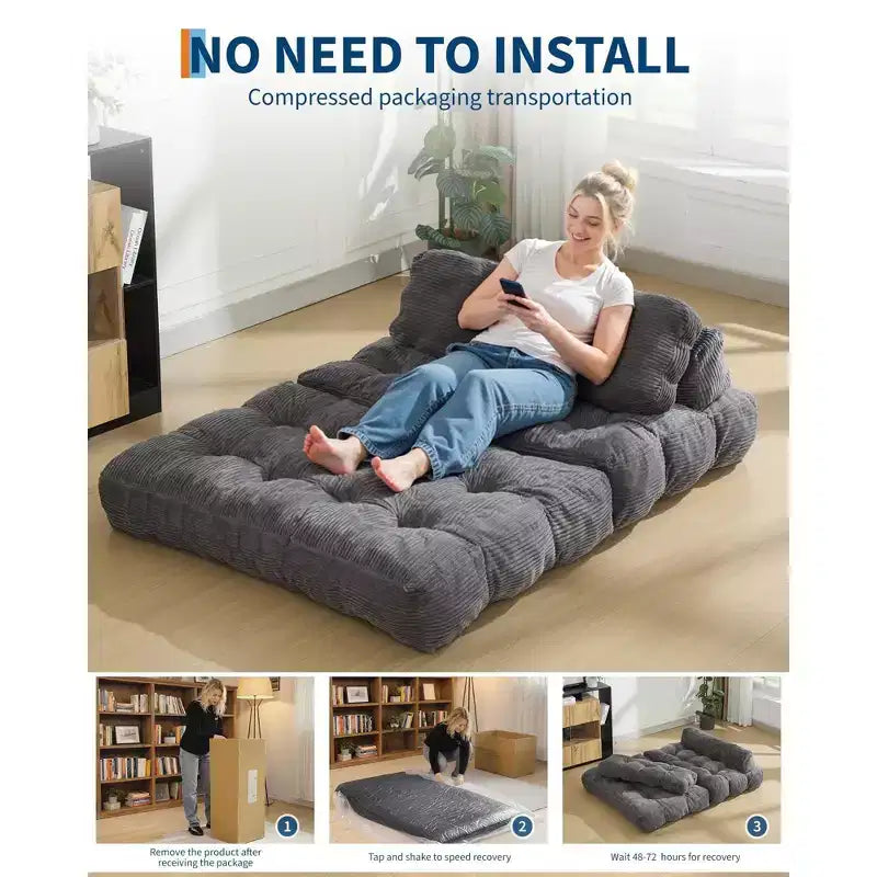 Canapé-lit pliable 3-en-1 avec oreiller, fauteuil de couchage convertible en velours côtelé pour salon, chambre, dortoir ou appartement