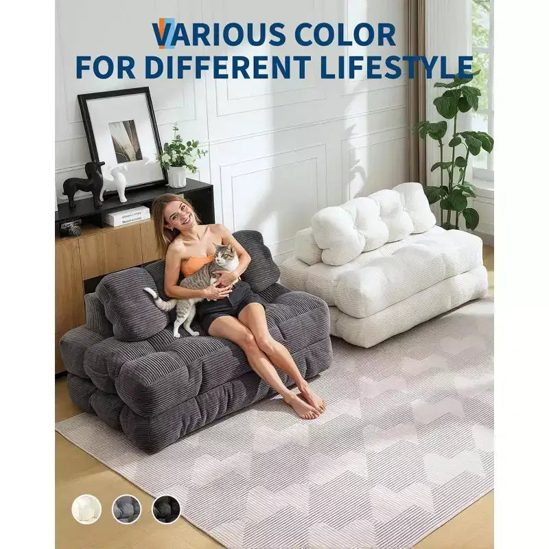 Canapé-lit pliable 3-en-1 avec oreiller, fauteuil de couchage convertible en velours côtelé pour salon, chambre, dortoir ou appartement
