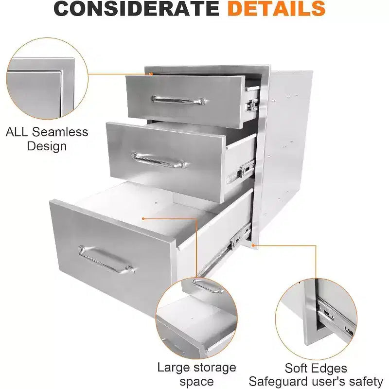 Acekool Tiroirs de cuisine d'extérieur 45,7 cm l x 58,4 cm H x 58,4 cm P, Commode 3 tiroirs en acier inoxydable pour îlot de barbecue, station de grillade, rangement de patio