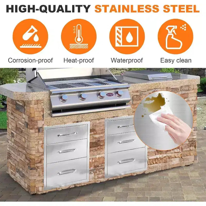 Acekool Tiroirs de cuisine d'extérieur 45,7 cm l x 58,4 cm H x 58,4 cm P, Commode 3 tiroirs en acier inoxydable pour îlot de barbecue, station de grillade, rangement de patio