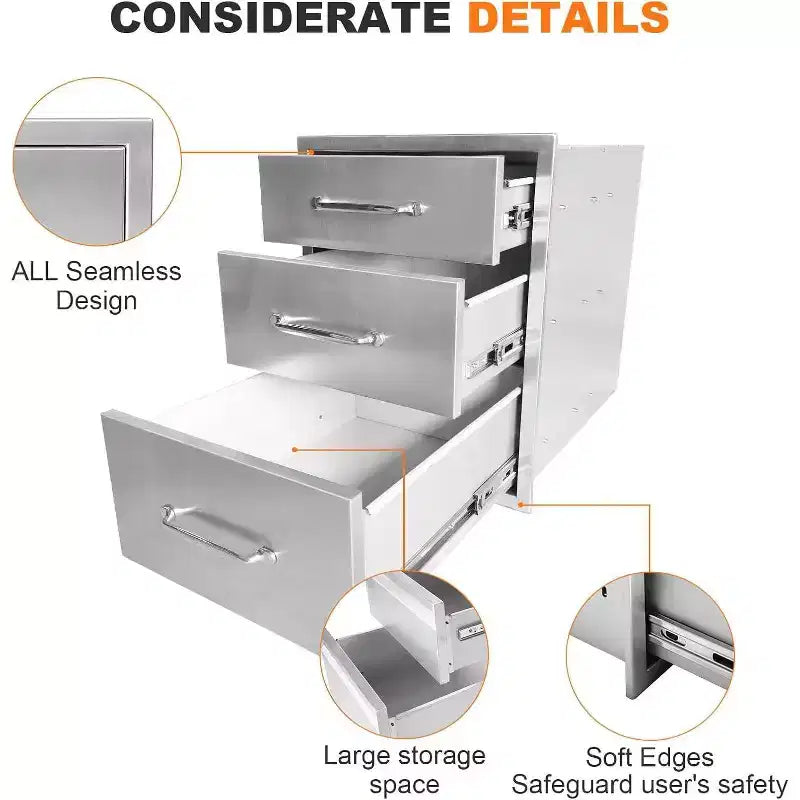 Acekool Tiroirs de cuisine d'extérieur 45,7 cm l x 58,4 cm H x 58,4 cm P, Commode 3 tiroirs en acier inoxydable pour îlot de barbecue, station de grillade, rangement de patio