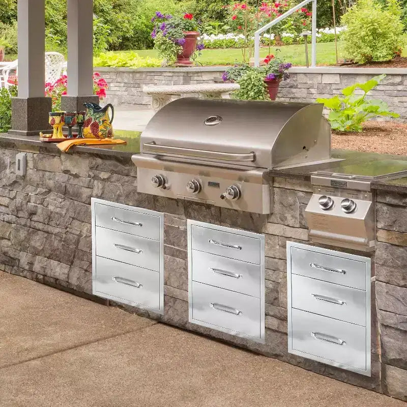 Tiroirs de cuisine extérieure Acekool 40,6 cm L x 53,3 cm H x 58,4 cm P, commode BBQ 3 tiroirs en acier inoxydable avec poignée rainurée pour îlot de patio