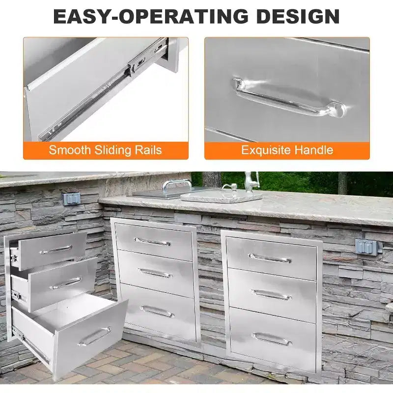 Tiroirs de cuisine extérieure Acekool 40,6 cm L x 53,3 cm H x 58,4 cm P, commode BBQ 3 tiroirs en acier inoxydable avec poignée rainurée pour îlot de patio