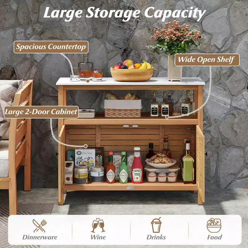 Armoire de rangement d'extérieur Costway en bois avec comptoir aspect marbre, étagère ouverte et 2 portes