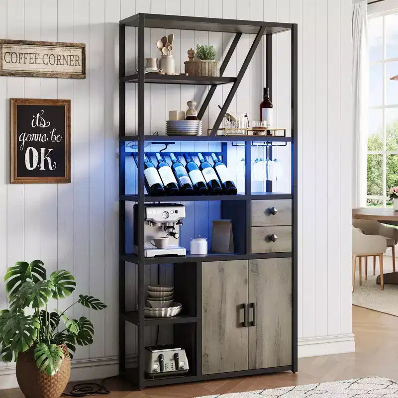 Étagère de boulanger, support de micro-ondes avec rangement, buffet de café de ferme avec casier à vin