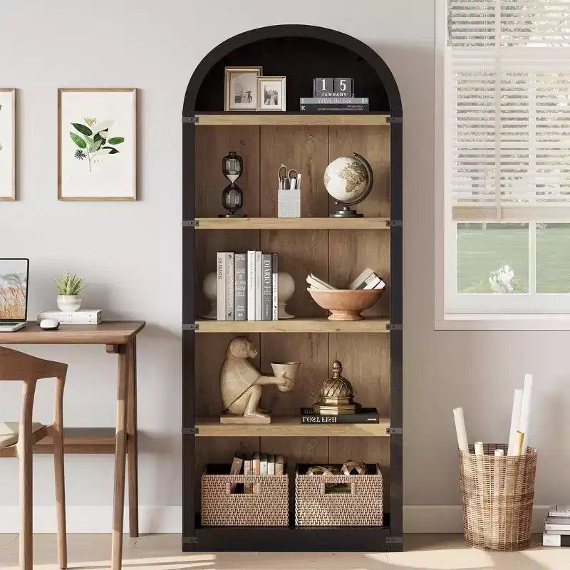 Bibliothèque 5 étagères, bibliothèque arquée 182 cm, étagère de rangement style ferme, étagères en bois pour bureau, salon