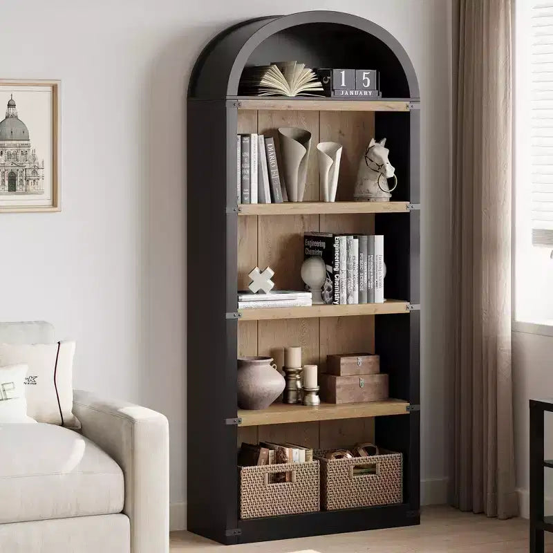 Bibliothèque 5 étagères, bibliothèque arquée 182 cm, étagère de rangement style ferme, étagères en bois pour bureau, salon