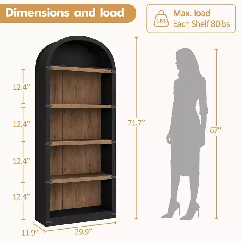 Bibliothèque 5 étagères, bibliothèque arquée 182 cm, étagère de rangement style ferme, étagères en bois pour bureau, salon