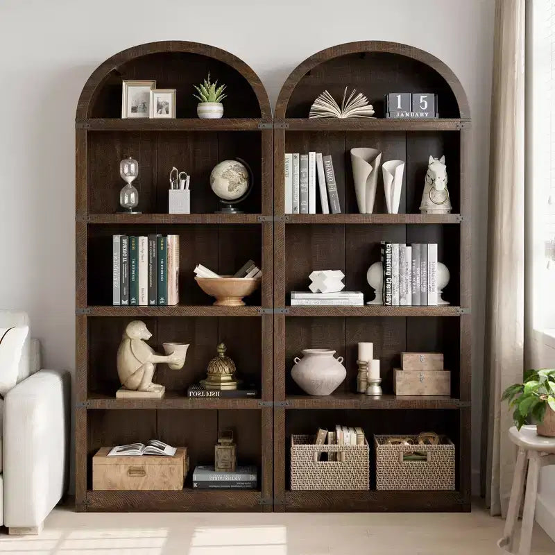 Bibliothèque 5 étagères, bibliothèque arquée 182 cm, étagère de rangement style ferme, étagères en bois pour bureau, salon
