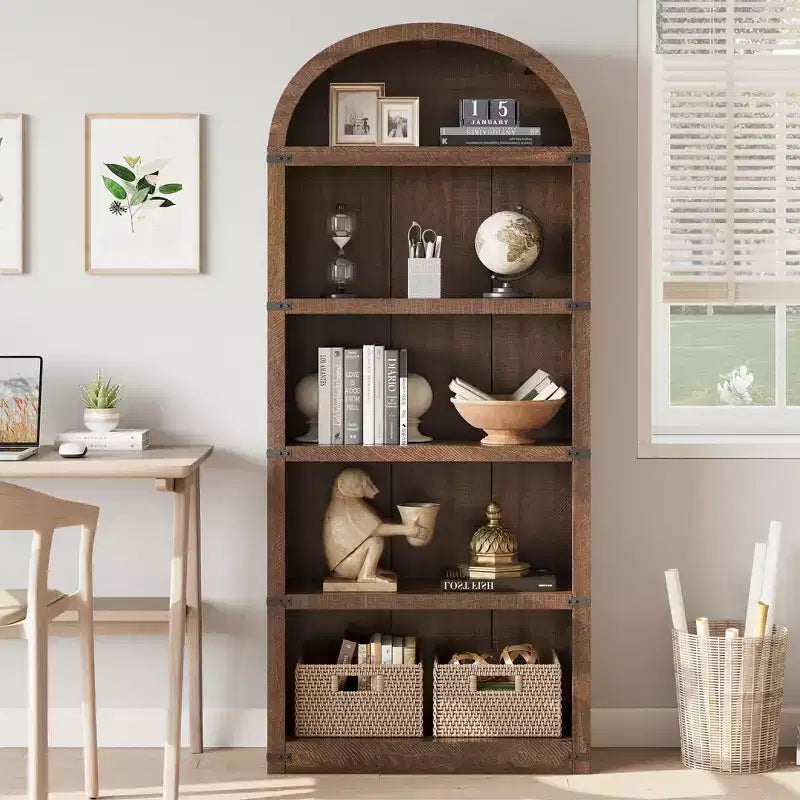 Bibliothèque 5 étagères, bibliothèque arquée 182 cm, étagère de rangement style ferme, étagères en bois pour bureau, salon