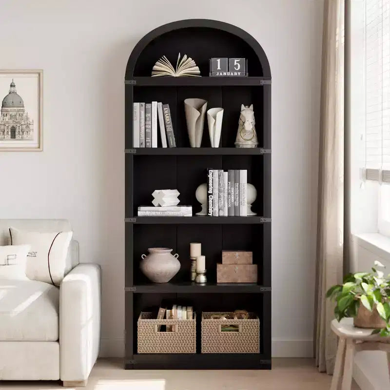 Bibliothèque 5 étagères, bibliothèque arquée 182 cm, étagère de rangement style ferme, étagères en bois pour bureau, salon
