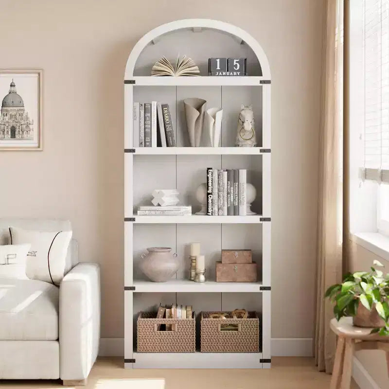 Bibliothèque 5 étagères, bibliothèque arquée 182 cm, étagère de rangement style ferme, étagères en bois pour bureau, salon