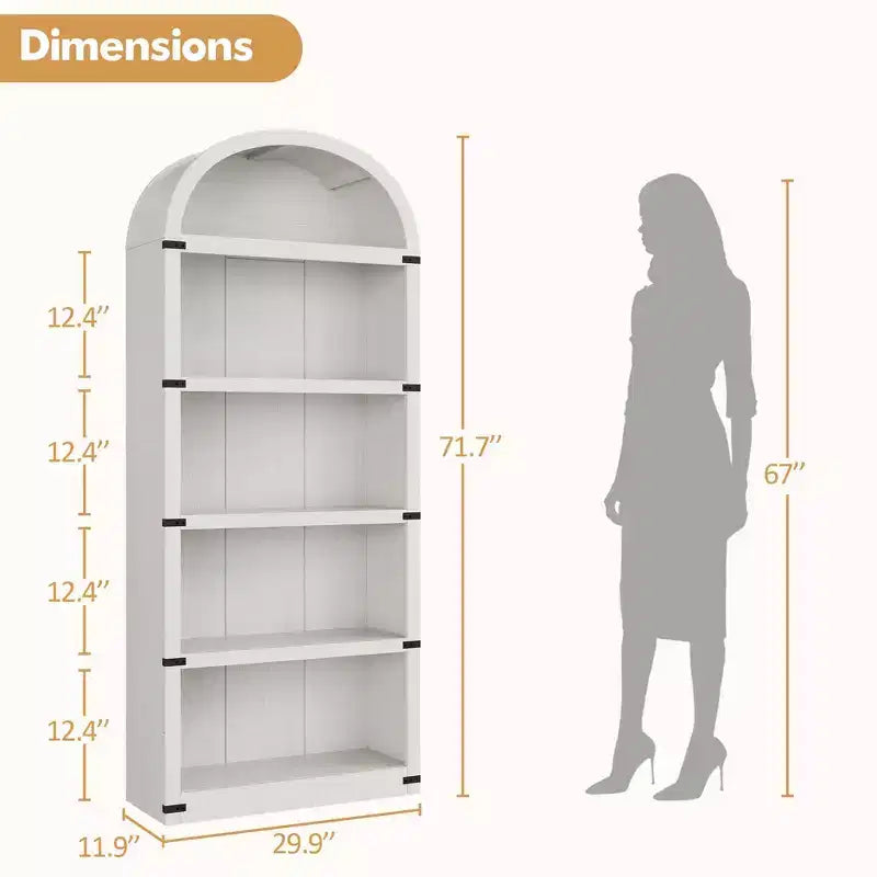 Bibliothèque 5 étagères, bibliothèque arquée 182 cm, étagère de rangement style ferme, étagères en bois pour bureau, salon