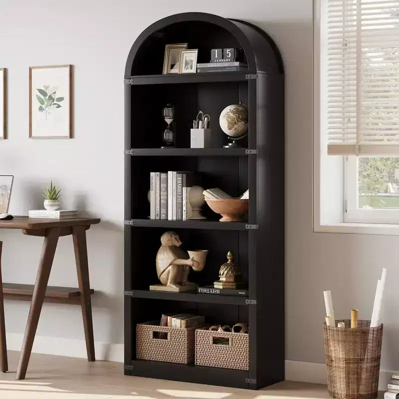 Bibliothèque 5 étagères, bibliothèque arquée 182 cm, étagère de rangement style ferme, étagères en bois pour bureau, salon