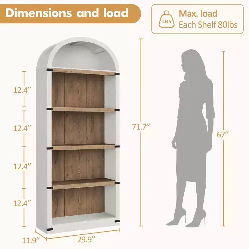 Bibliothèque 5 étagères, bibliothèque arquée 182 cm, étagère de rangement style ferme, étagères en bois pour bureau, salon