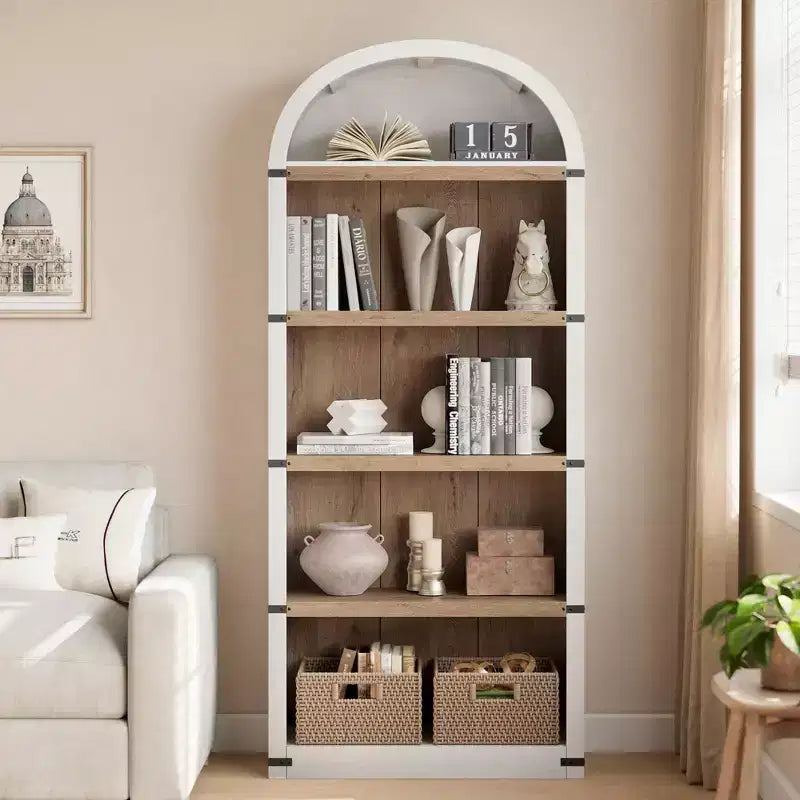 Bibliothèque 5 étagères, bibliothèque arquée 182 cm, étagère de rangement style ferme, étagères en bois pour bureau, salon