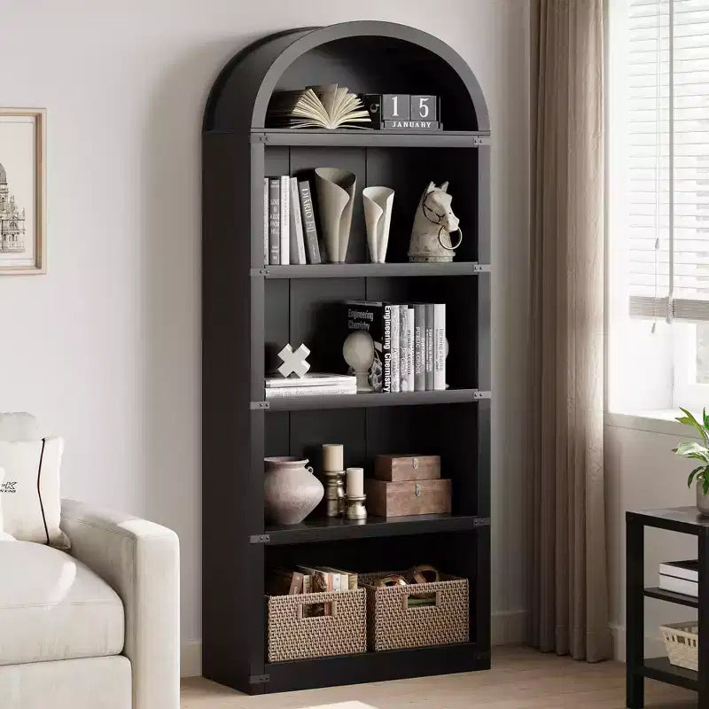 Bibliothèque 5 étagères, bibliothèque arquée 182 cm, étagère de rangement style ferme, étagères en bois pour bureau, salon