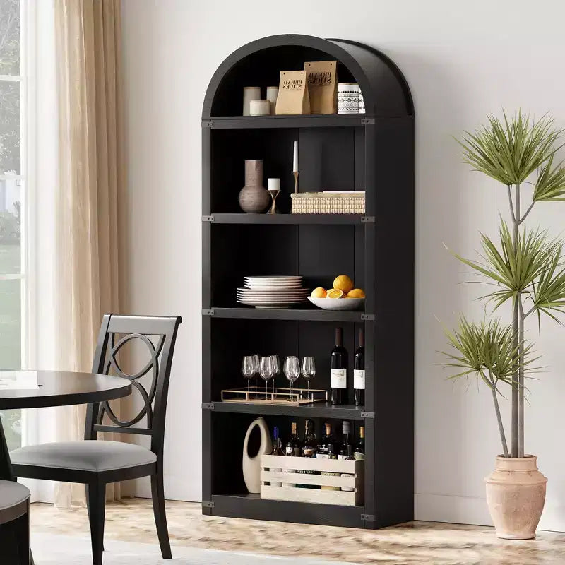 Bookcase 5 Shelf Arched Bookshelf 71.65in Tall Bookcase Farmhouse Display Storage Rack Wooden Bookshelves for Home Office, Living Room