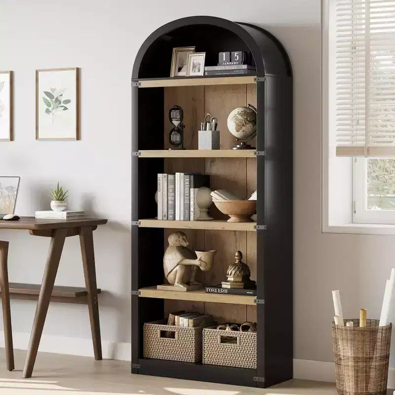 Bibliothèque 5 étagères, bibliothèque arquée 182 cm, étagère de rangement style ferme, étagères en bois pour bureau, salon