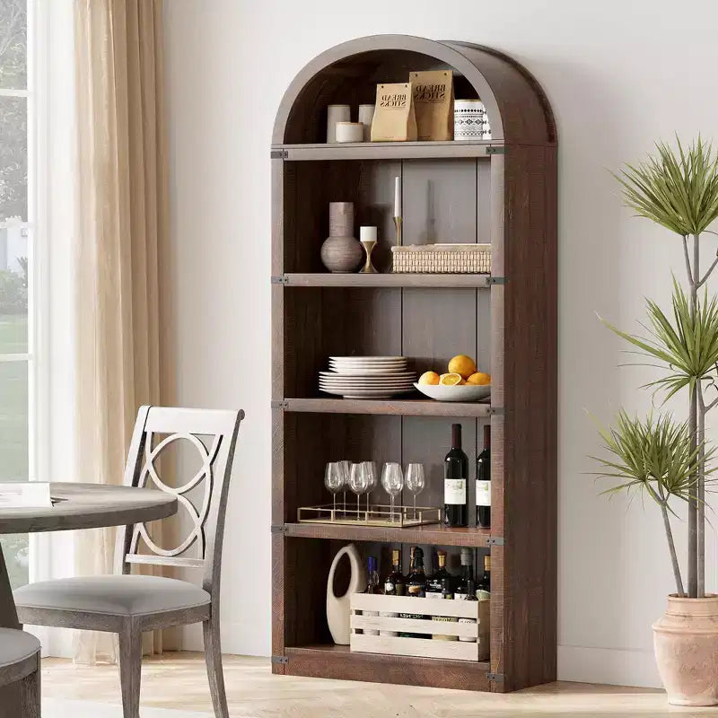 Bibliothèque 5 étagères, bibliothèque arquée 182 cm, étagère de rangement style ferme, étagères en bois pour bureau, salon