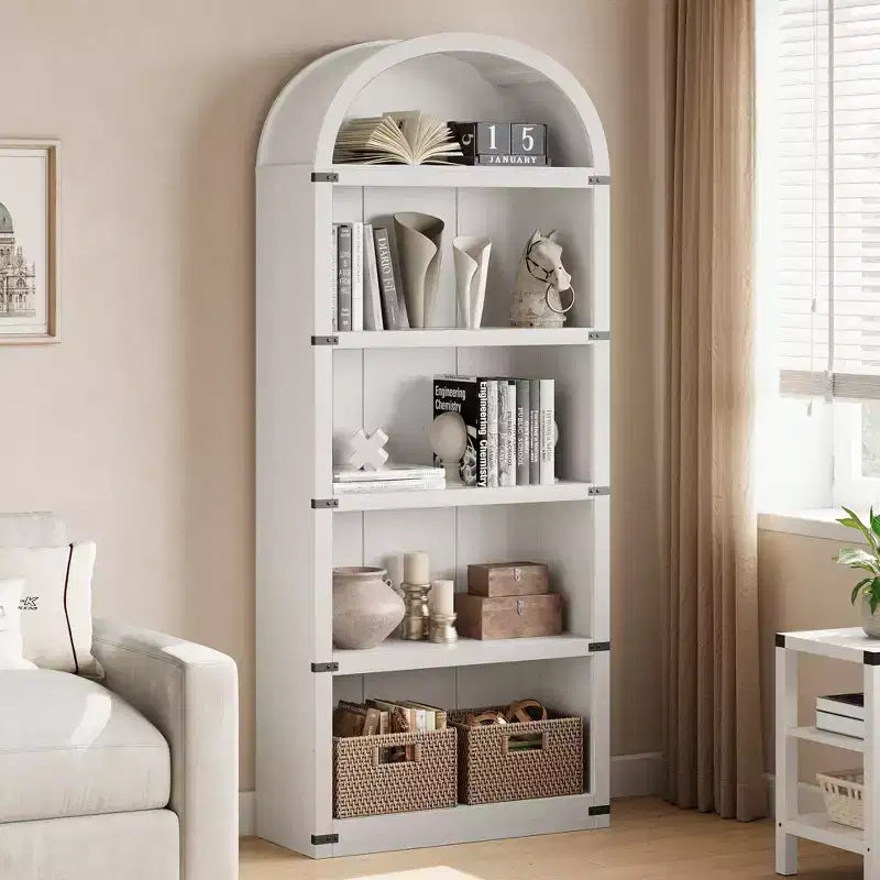 Bibliothèque 5 étagères, bibliothèque arquée 182 cm, étagère de rangement style ferme, étagères en bois pour bureau, salon