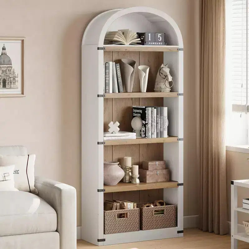 Bibliothèque 5 étagères, bibliothèque arquée 182 cm, étagère de rangement style ferme, étagères en bois pour bureau, salon