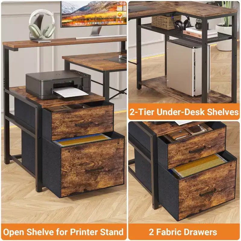 Besiost Bureau d'angle en L de 57 pouces avec station de charge, table d'ordinateur d'angle avec tiroirs de classement et étagères de rangement