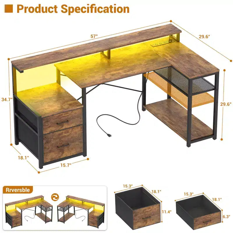 Besiost Bureau d'angle en L de 57 pouces avec station de charge, table d'ordinateur d'angle avec tiroirs de classement et étagères de rangement