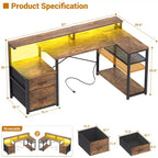 Besiost Bureau d'angle en L de 57 pouces avec station de charge, table d'ordinateur d'angle avec tiroirs de classement et étagères de rangement