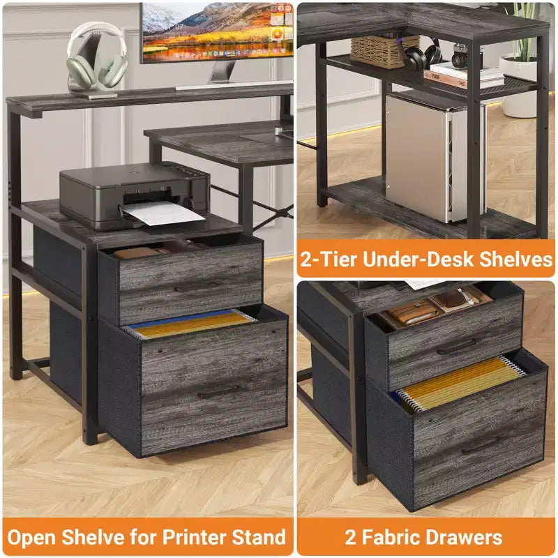 Besiost Bureau d'angle en L de 57 pouces avec station de charge, table d'ordinateur d'angle avec tiroirs de classement et étagères de rangement