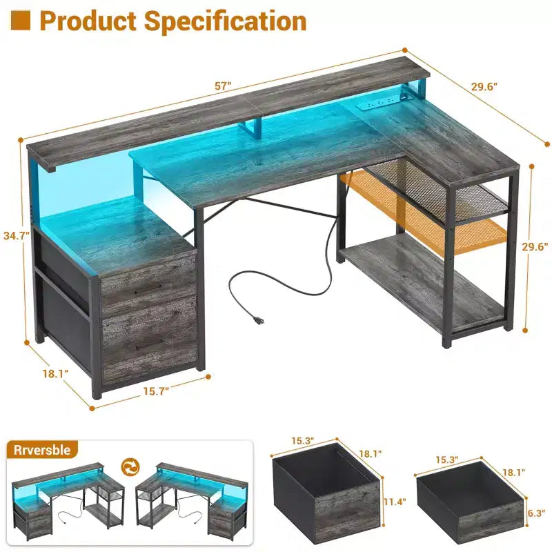 Besiost Bureau d'angle en L de 57 pouces avec station de charge, table d'ordinateur d'angle avec tiroirs de classement et étagères de rangement