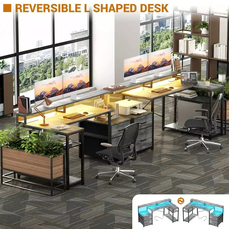 Besiost Bureau d'angle en L de 57 pouces avec station de charge, table d'ordinateur d'angle avec tiroirs de classement et étagères de rangement