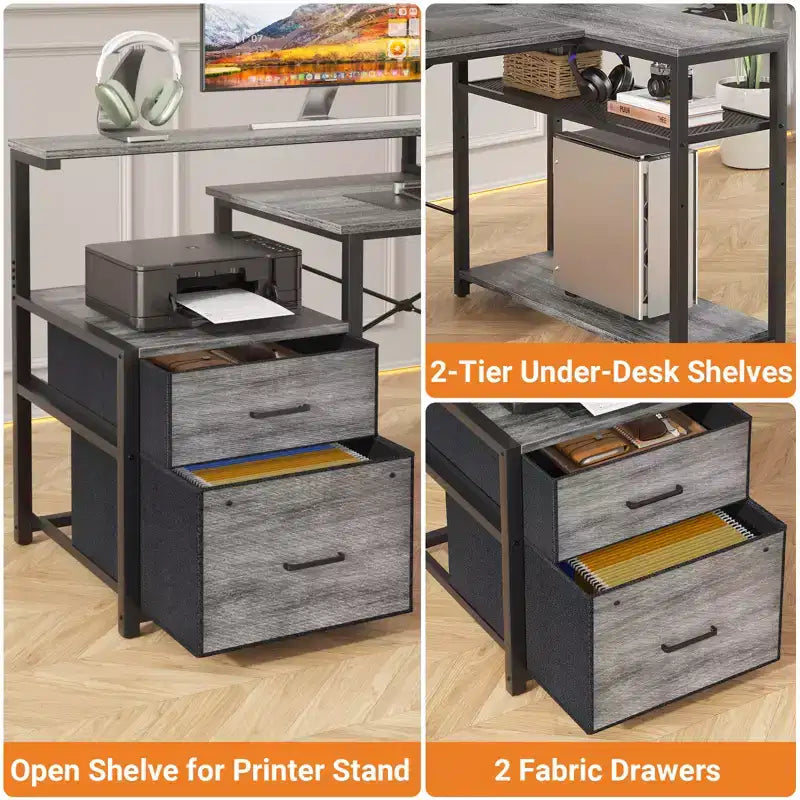 Besiost Bureau d'angle en L de 57 pouces avec station de charge, table d'ordinateur d'angle avec tiroirs de classement et étagères de rangement