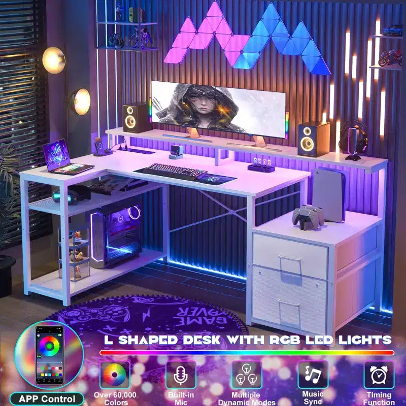 Besiost Bureau d'angle en L de 57 pouces avec station de charge, table d'ordinateur d'angle avec tiroirs de classement et étagères de rangement