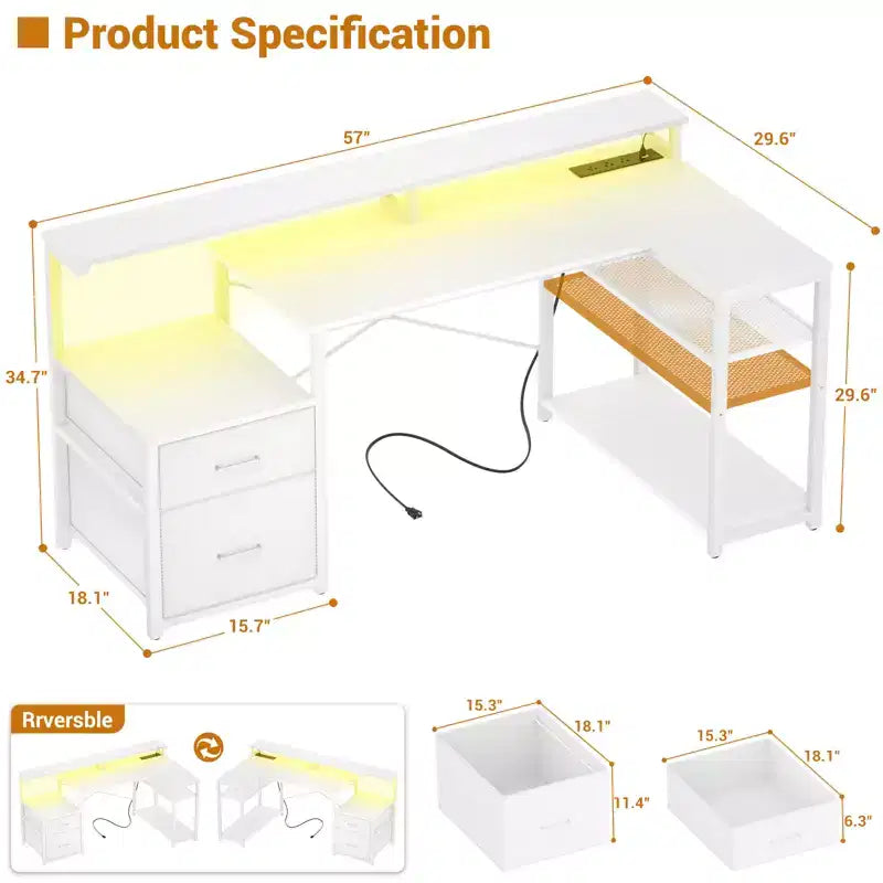 Besiost Bureau d'angle en L de 57 pouces avec station de charge, table d'ordinateur d'angle avec tiroirs de classement et étagères de rangement