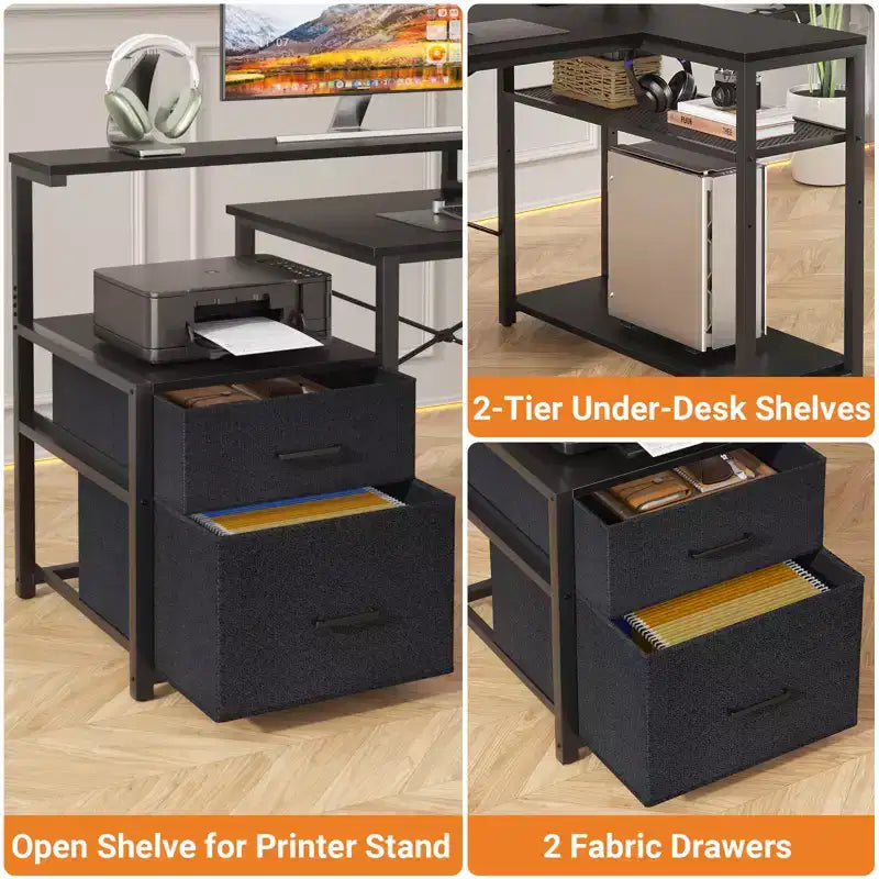 Besiost Bureau d'angle en L de 57 pouces avec station de charge, table d'ordinateur d'angle avec tiroirs de classement et étagères de rangement