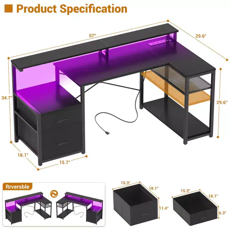 Besiost Bureau d'angle en L de 57 pouces avec station de charge, table d'ordinateur d'angle avec tiroirs de classement et étagères de rangement