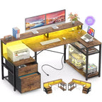Besiost Bureau d'angle en L de 57 pouces avec station de charge, table d'ordinateur d'angle avec tiroirs de classement et étagères de rangement
