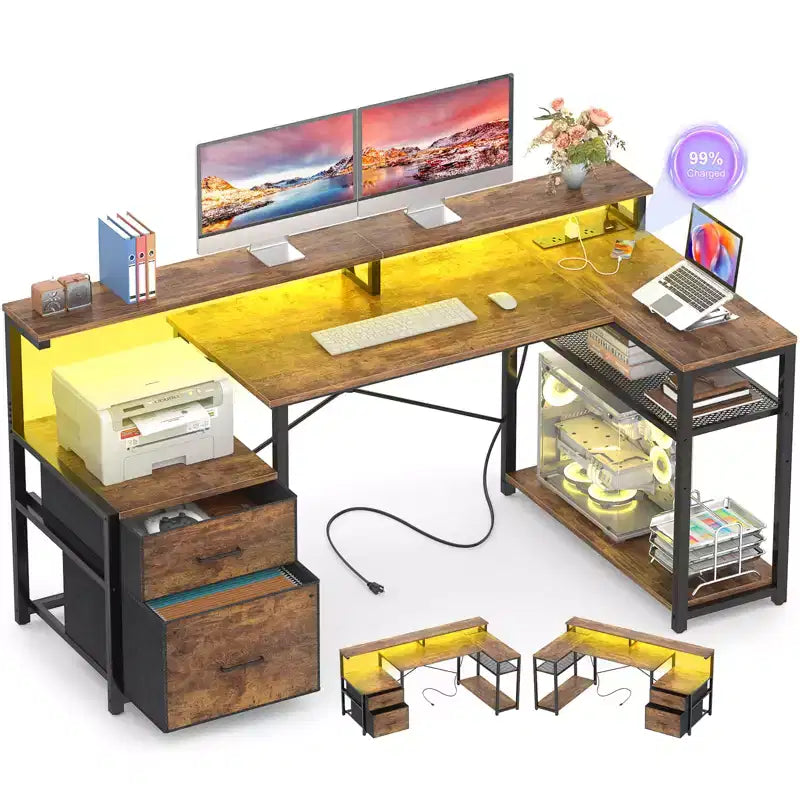 Besiost Bureau d'angle en L de 57 pouces avec station de charge, table d'ordinateur d'angle avec tiroirs de classement et étagères de rangement