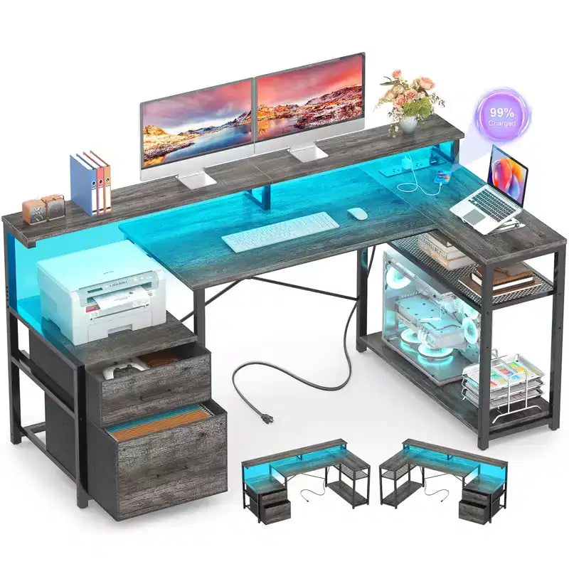 Besiost Bureau d'angle en L de 57 pouces avec station de charge, table d'ordinateur d'angle avec tiroirs de classement et étagères de rangement