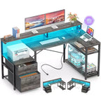 Besiost Bureau d'angle en L de 57 pouces avec station de charge, table d'ordinateur d'angle avec tiroirs de classement et étagères de rangement