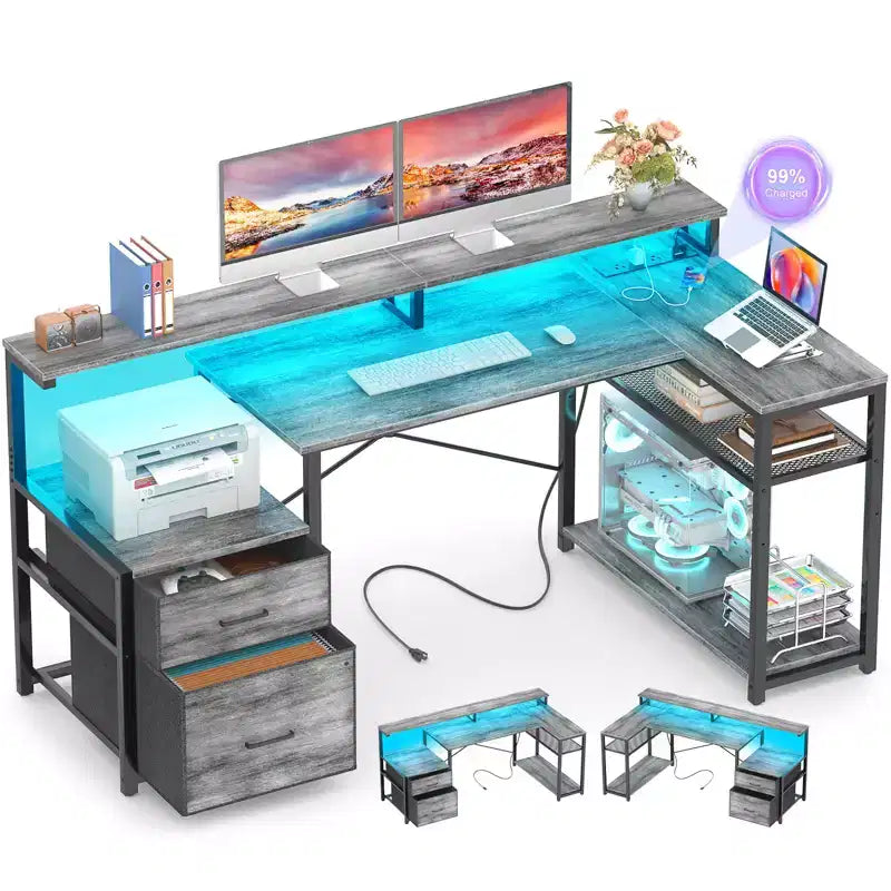 Besiost Bureau d'angle en L de 57 pouces avec station de charge, table d'ordinateur d'angle avec tiroirs de classement et étagères de rangement