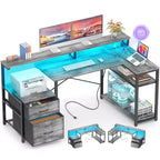 Besiost Bureau d'angle en L de 57 pouces avec station de charge, table d'ordinateur d'angle avec tiroirs de classement et étagères de rangement