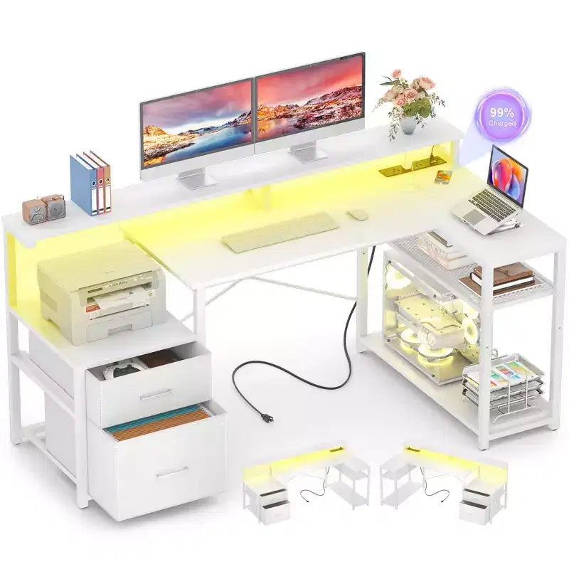 Besiost Bureau d'angle en L de 57 pouces avec station de charge, table d'ordinateur d'angle avec tiroirs de classement et étagères de rangement