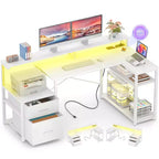 Besiost Bureau d'angle en L de 57 pouces avec station de charge, table d'ordinateur d'angle avec tiroirs de classement et étagères de rangement