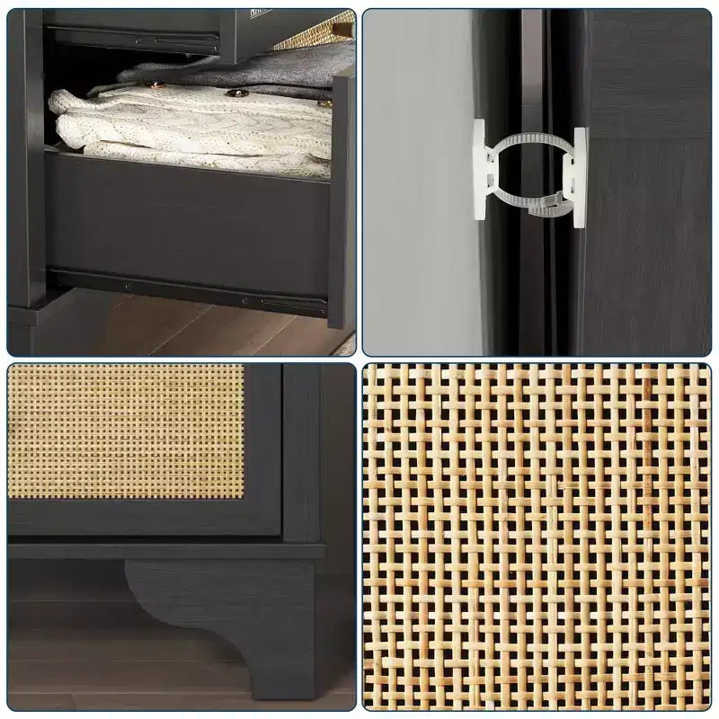 Commode à 7 tiroirs pour chambre à coucher, commode large en rotin naturel de 120 cm, organisateur de rangement de vêtements en bois de style bohème, meuble TV